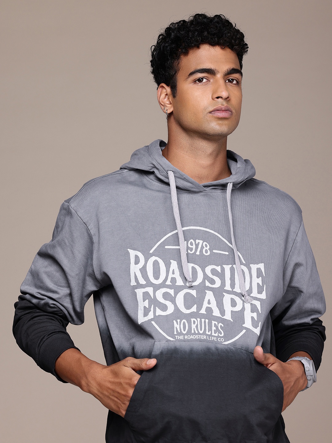 

The Roadster Life Co. Typography Printed Relaxed Fit Pure Cotton Hooded Sweatshirt, Grey