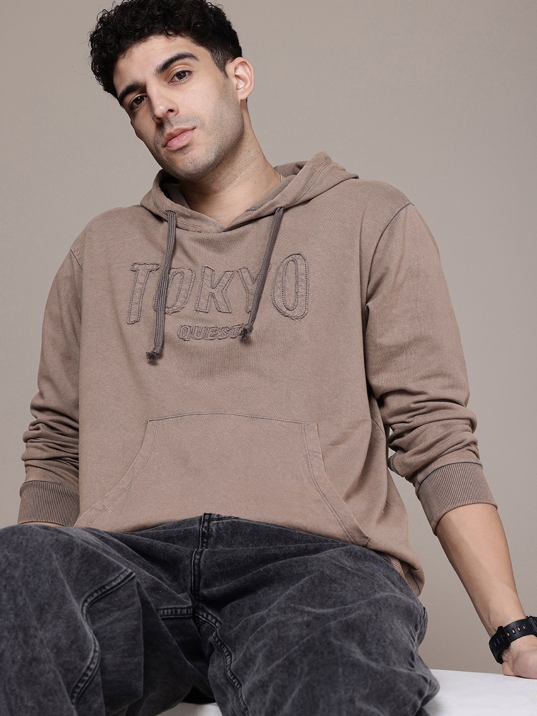 

The Roadster Life Co. Pure Cotton Applique Relaxed Fit Hooded Sweatshirt, Taupe