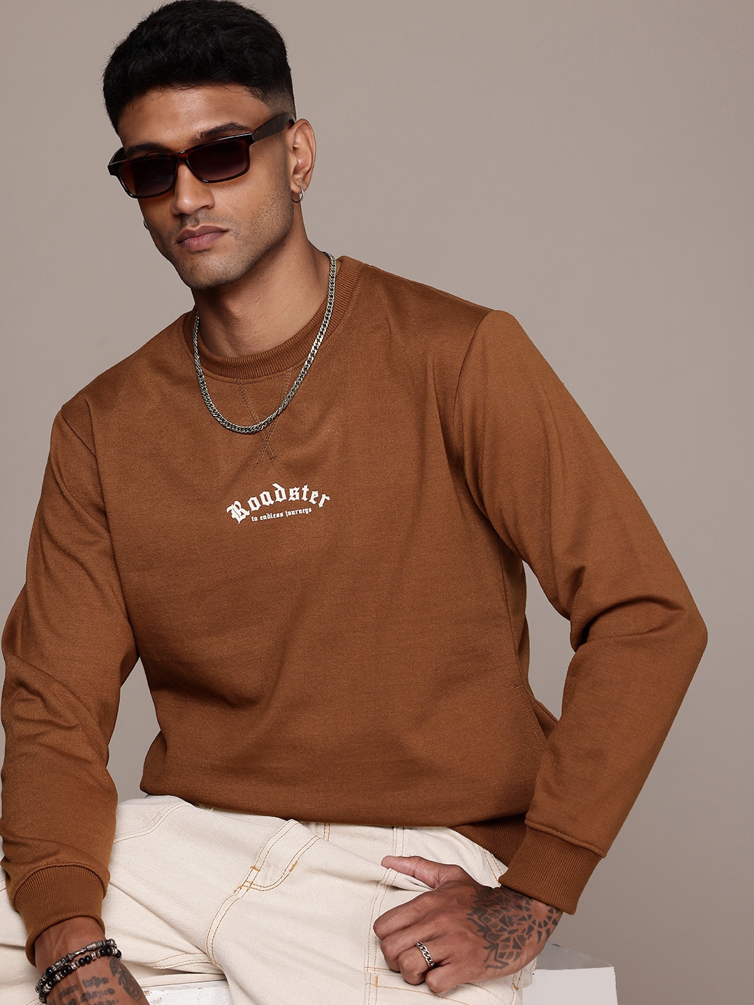 

The Roadster Life Co. Minimal Brand Logo Printed Sweatshirt, Brown