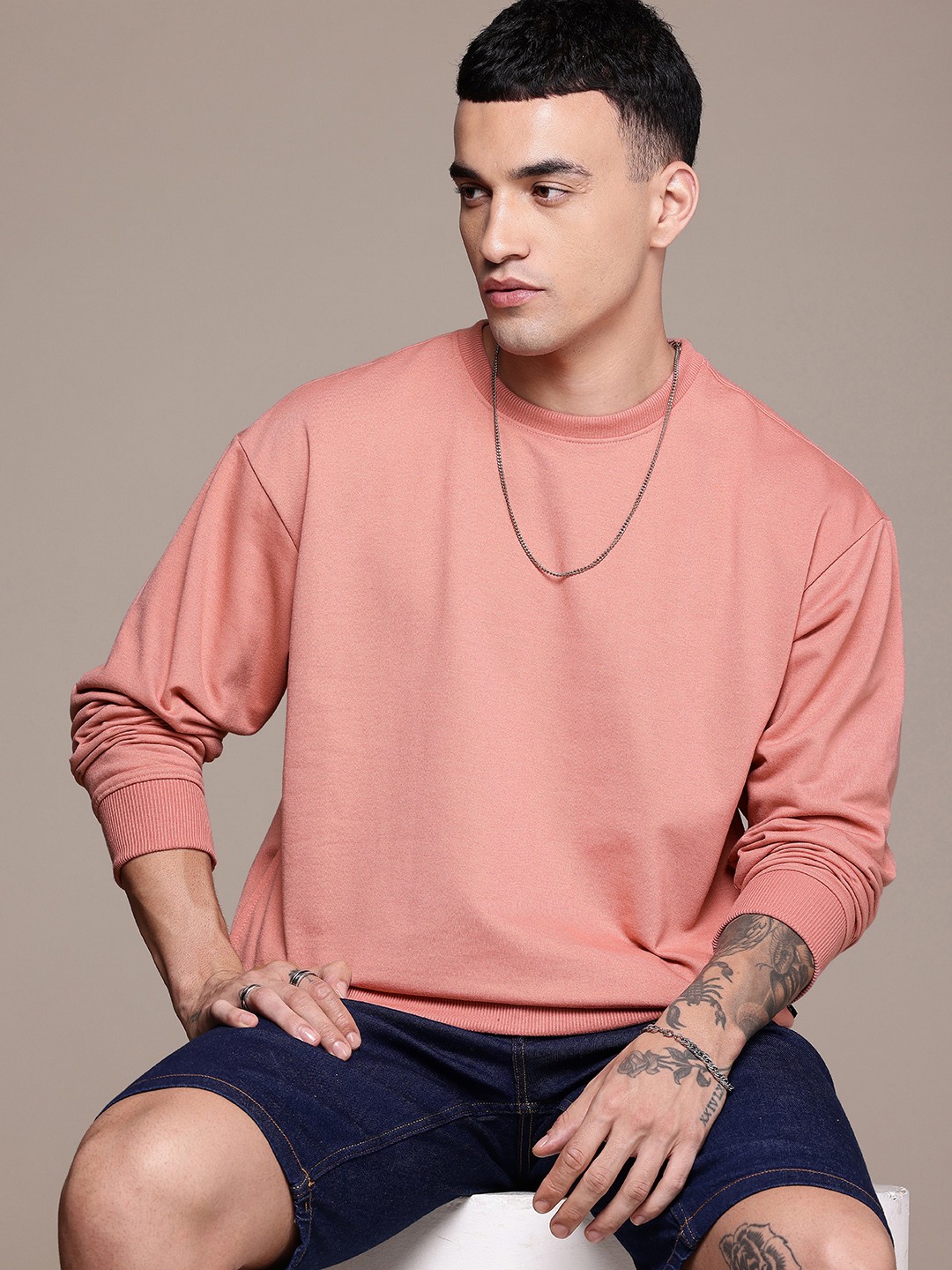

The Roadster Life Co. Men Drop Shoulder Sleeves Relaxed Fit Sweatshirt, Rose