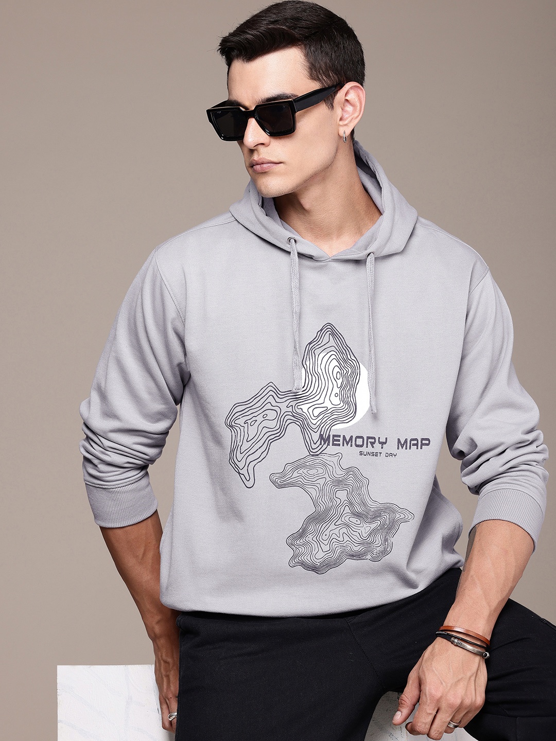 

The Roadster Life Co. Graphic Printed Hooded Relaxed Fit Sweatshirt, Grey
