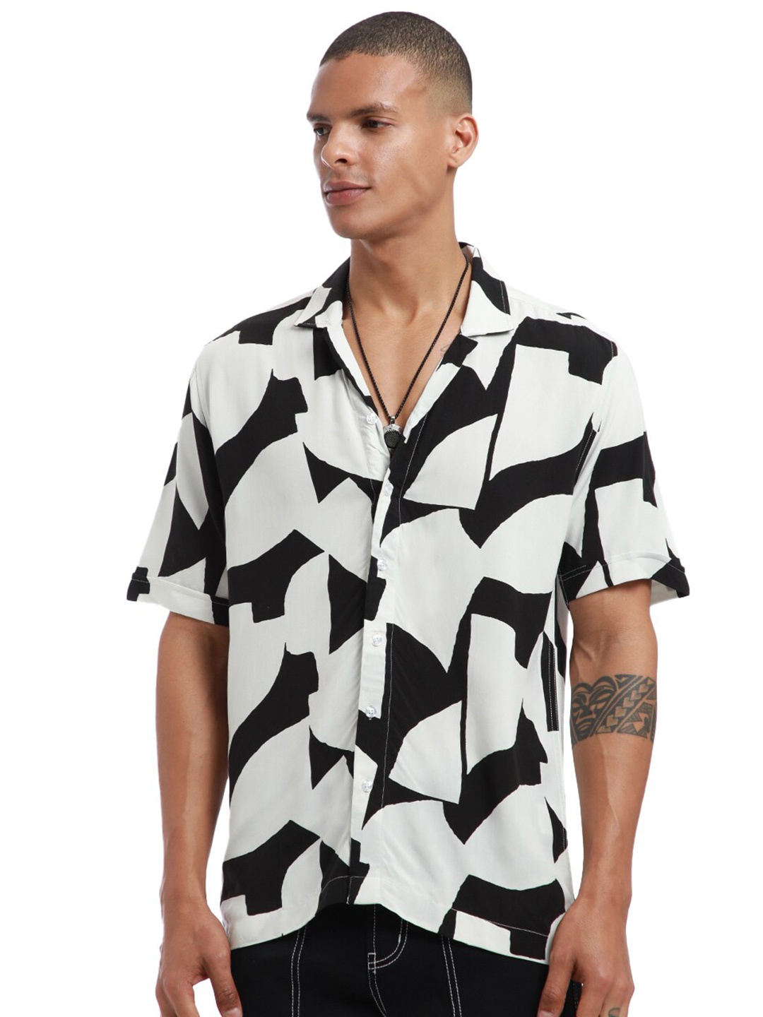 

Banana Club Men Classic Abstract Printed Casual Half Sleeve Shirt, White