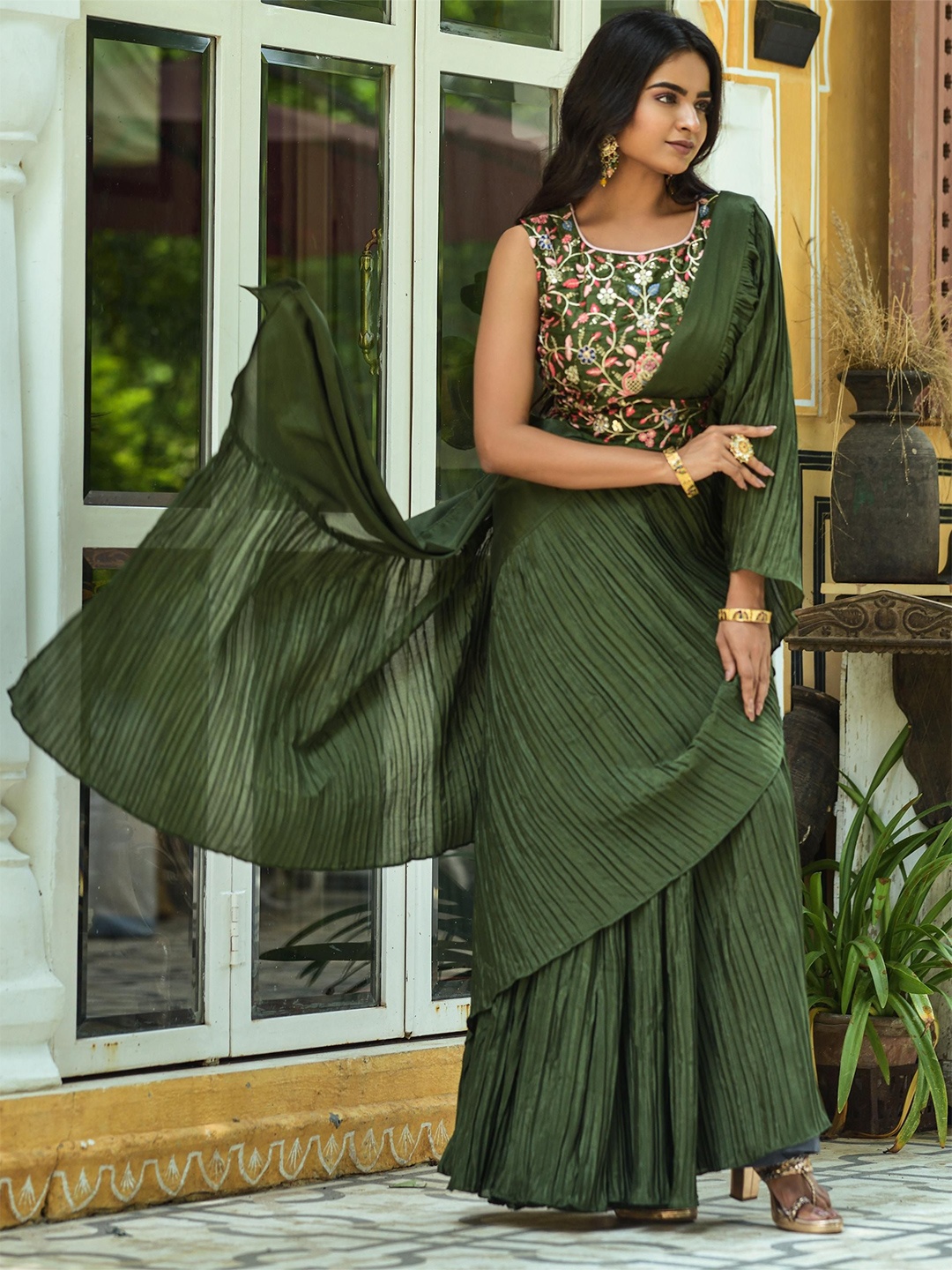 

THE52 Ready to Wear Saree, Green