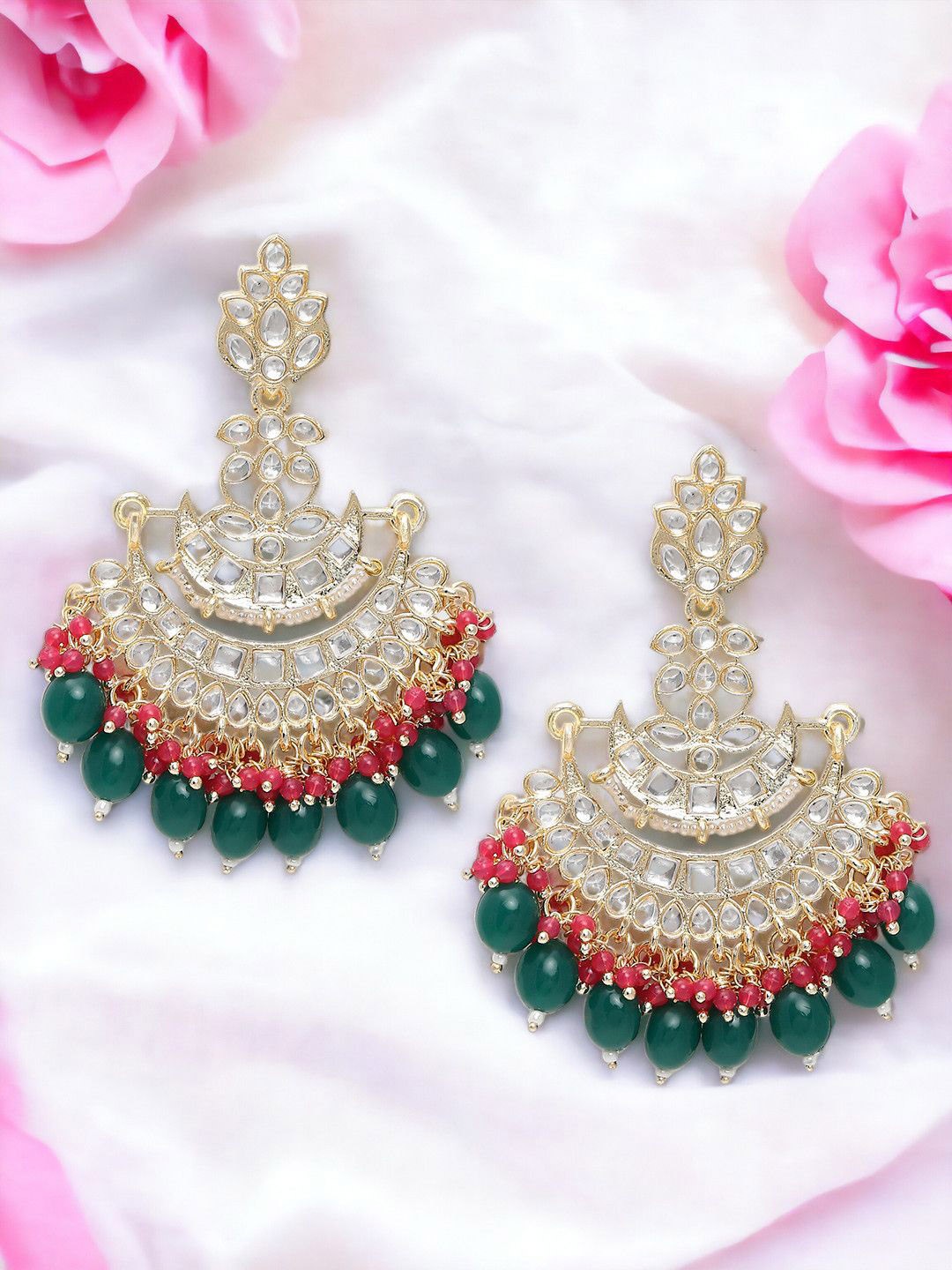 

Anouk Green Metal Beaded & Stone Studded Floral Chandbalis, Gold
