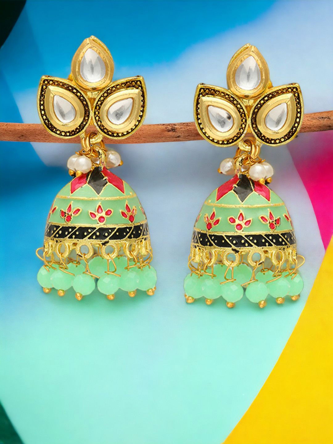 

Anouk Gold Toned & Green Gold Plated Dome Shaped Meenakari Kundan Jhumkas