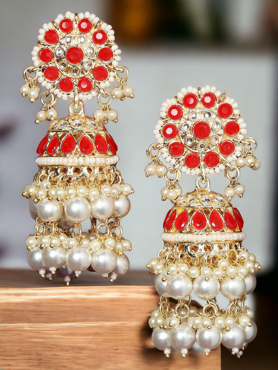 

Anouk Gold-Plated Floral Stone & Kundan Jadau Jhumkas Earrings