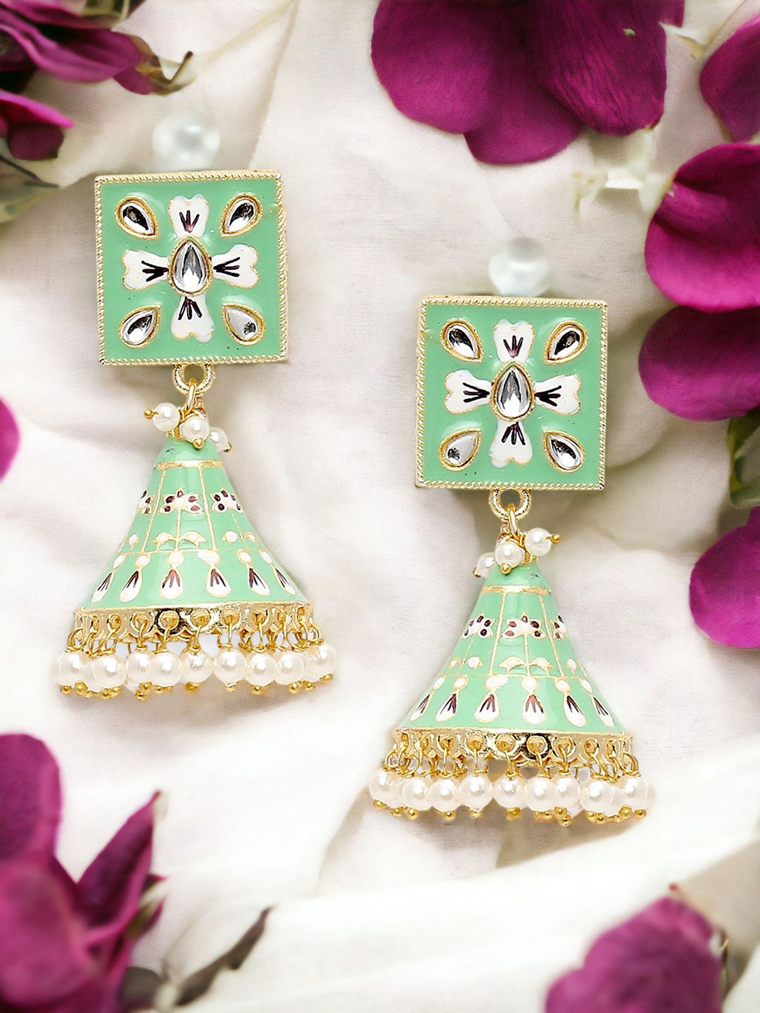 

Anouk Gold Toned & Green Gold Plated Meenakari Kundan Jhumkas
