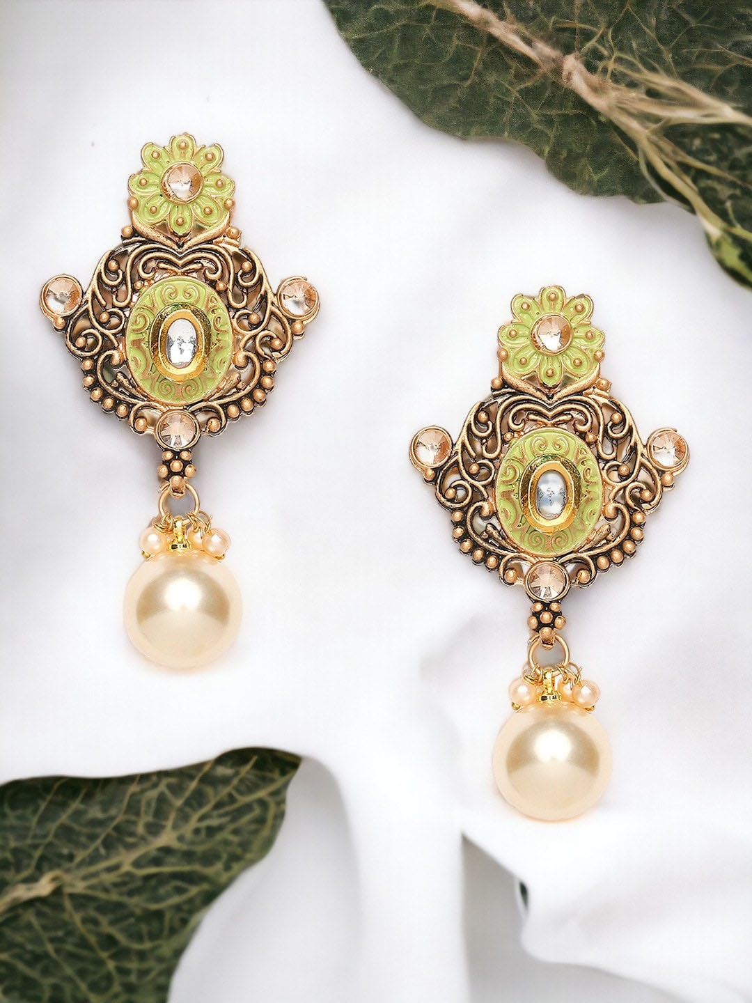 

Anouk Gold-Toned Kundan Studded Pearls Beaded Contemporary Meenakari Drop Earrings