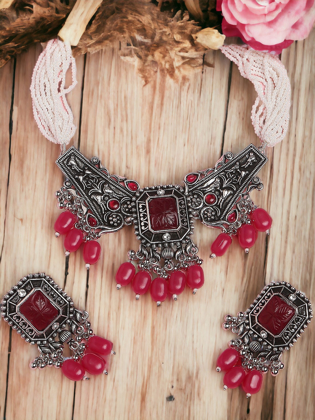 

Anouk Pink Oxidised Silver Beads & Stones Necklace & Earrings