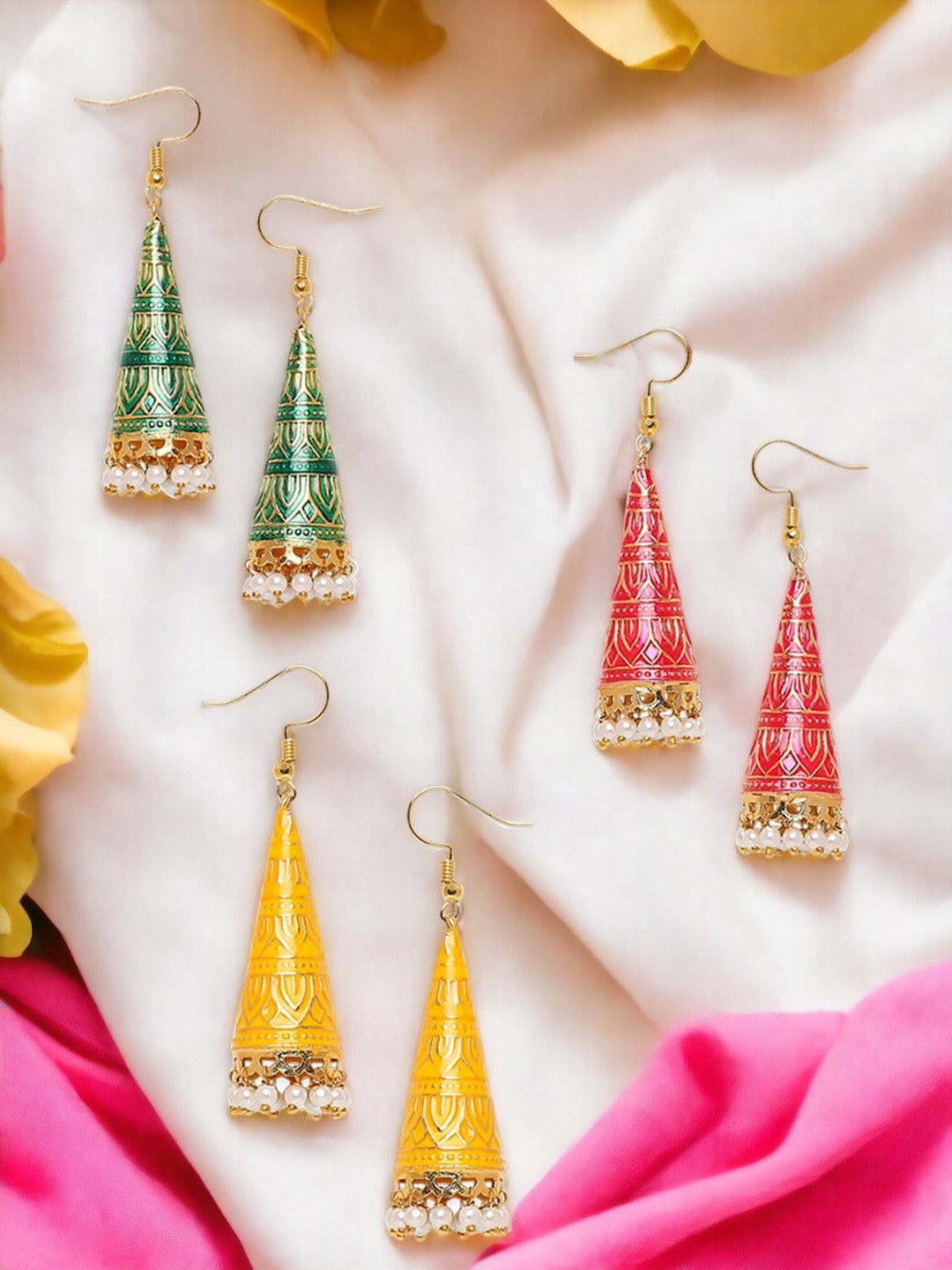 

Anouk Set of 3 Gold-Plated Meenakari Triangular Jhumkas