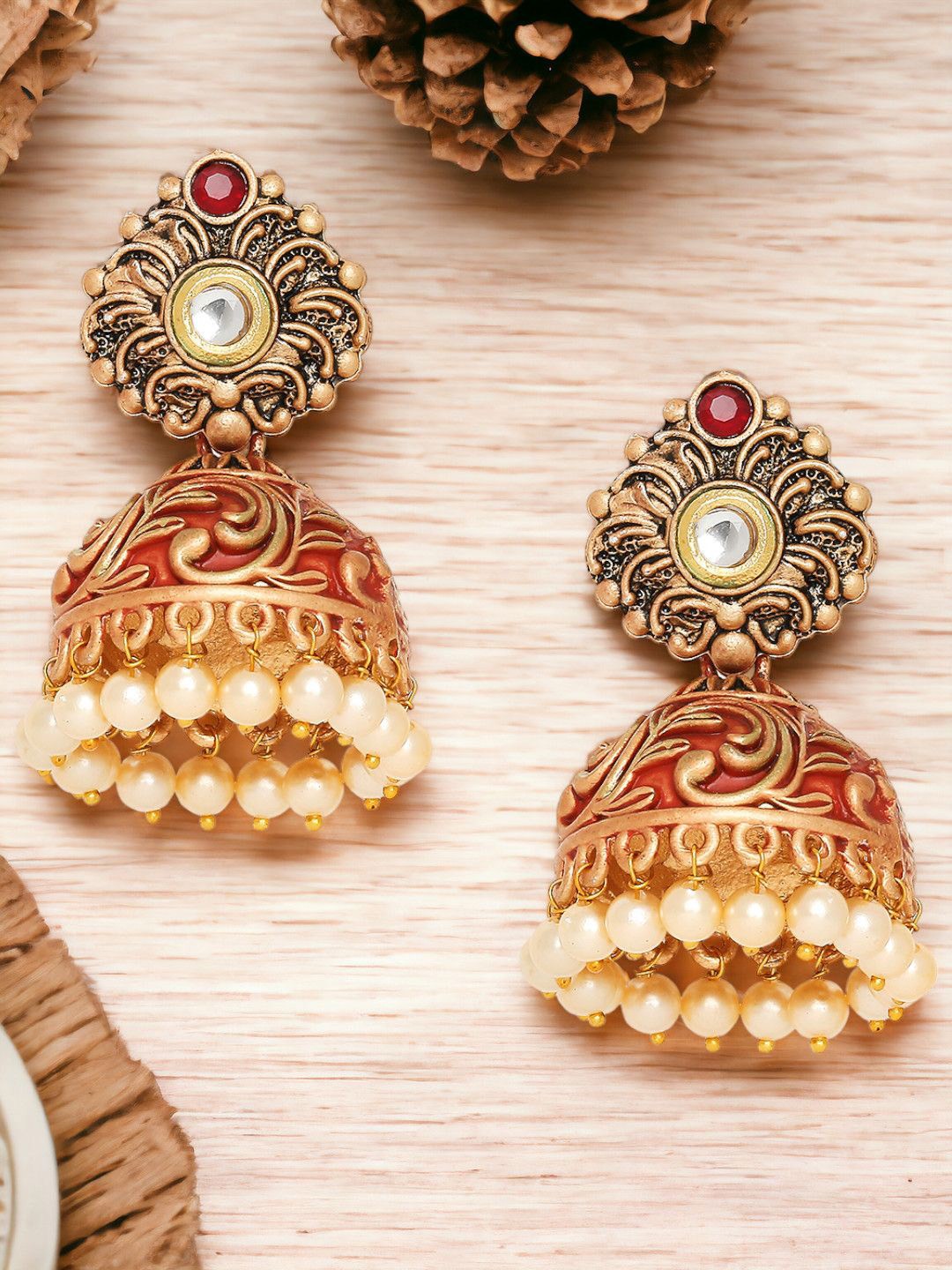

Anouk Women Dome Shaped Jhumkas Earrings, Red