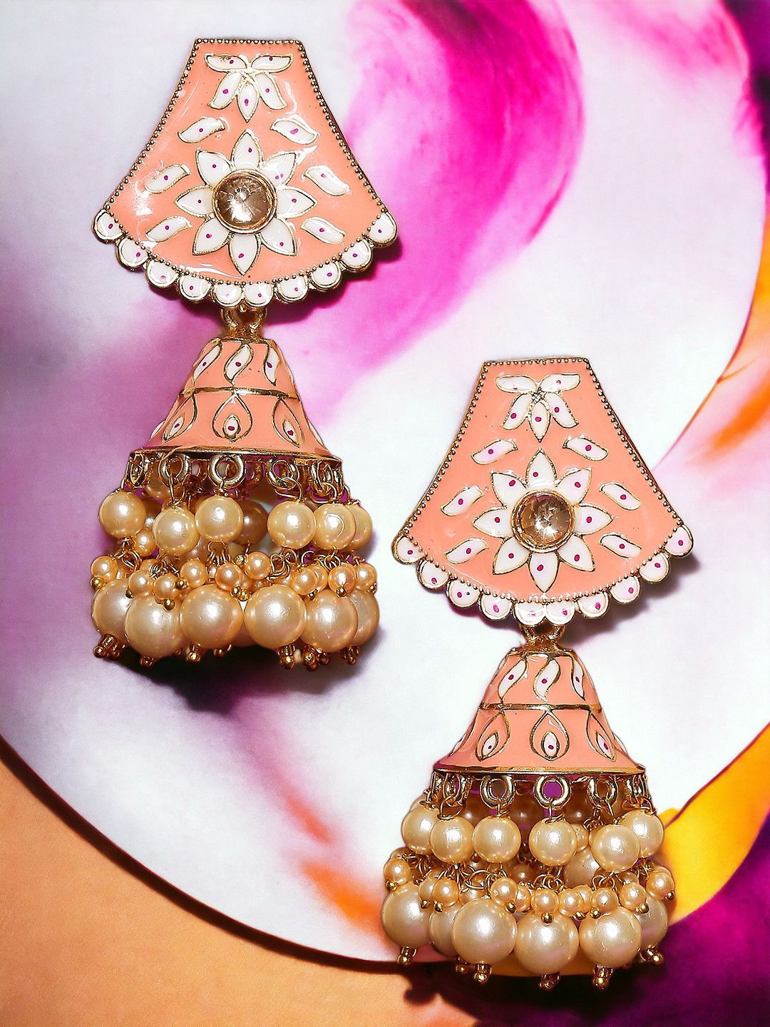 

Anouk Gold-Toned Kundan Studded Dome Shaped Meenakari Jhumkas