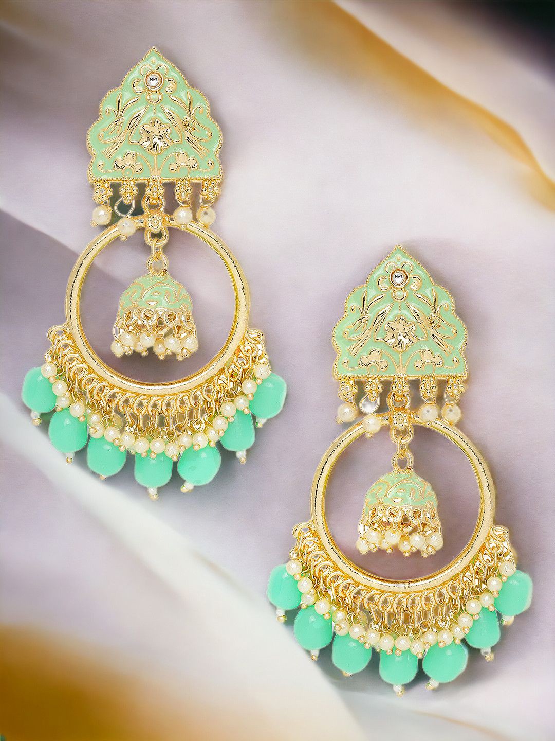 

Anouk Gold-Toned Kundan Studded Pearls Beaded Dome Shaped Jhumkas