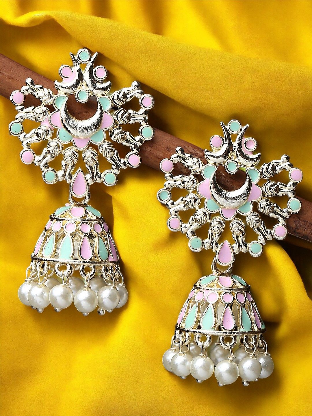 

Anouk Gold-Toned Pearls Beaded Dome Shaped Meenakari Jhumkas