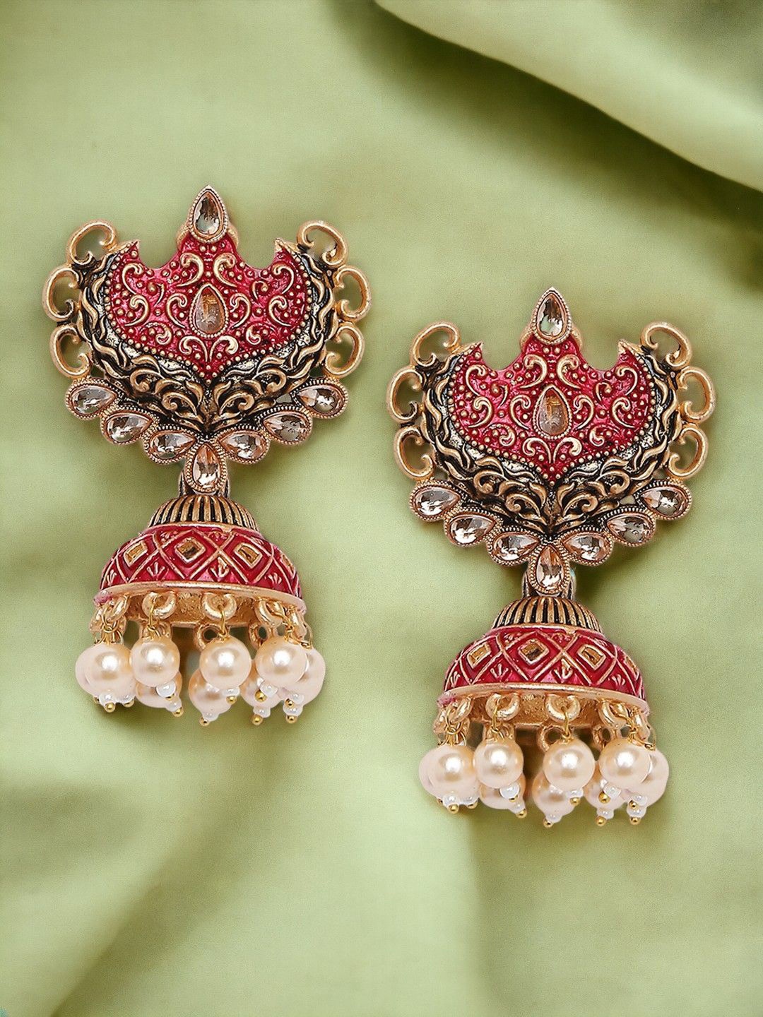 

Anouk Gold-Plated Classic Meenakari Kundan & Pearls Jhumkas Earrings