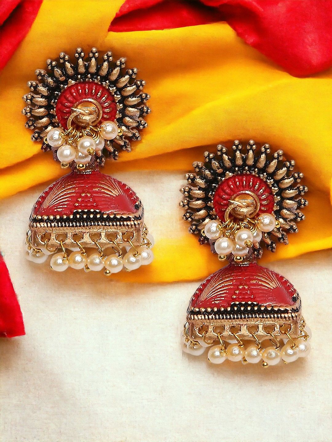 

Anouk Red Gold Plated Pearl Beaded Floral Jhumkas