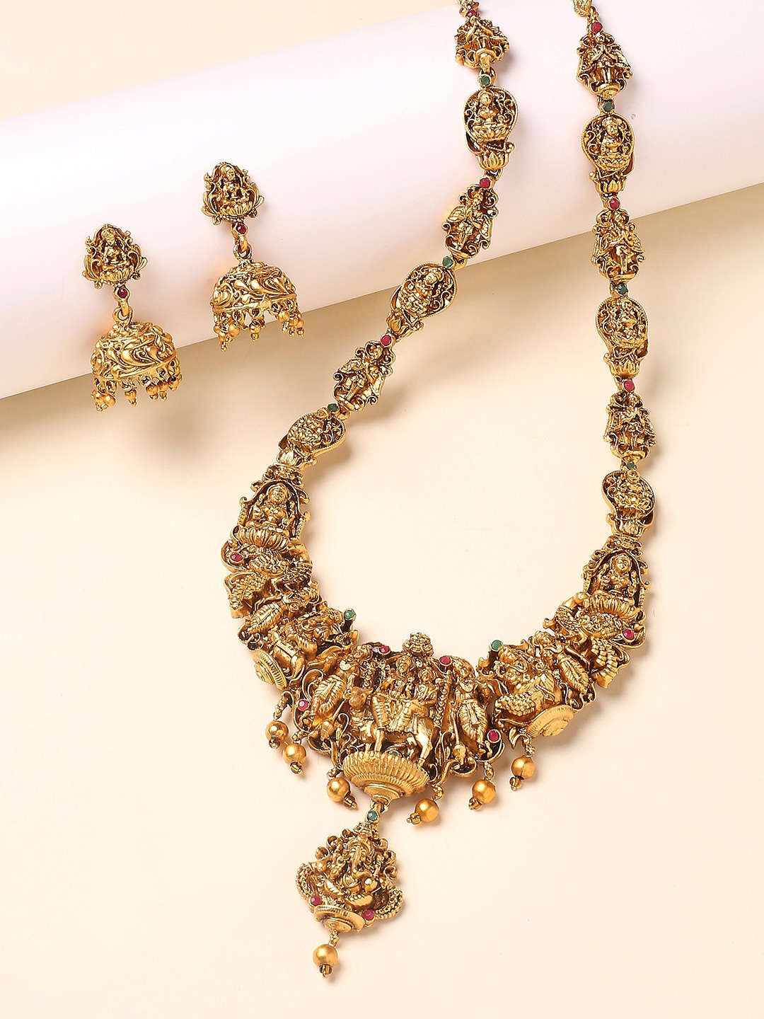 

Anouk Red Stone-Studded Temple Necklace & Earrings, Gold