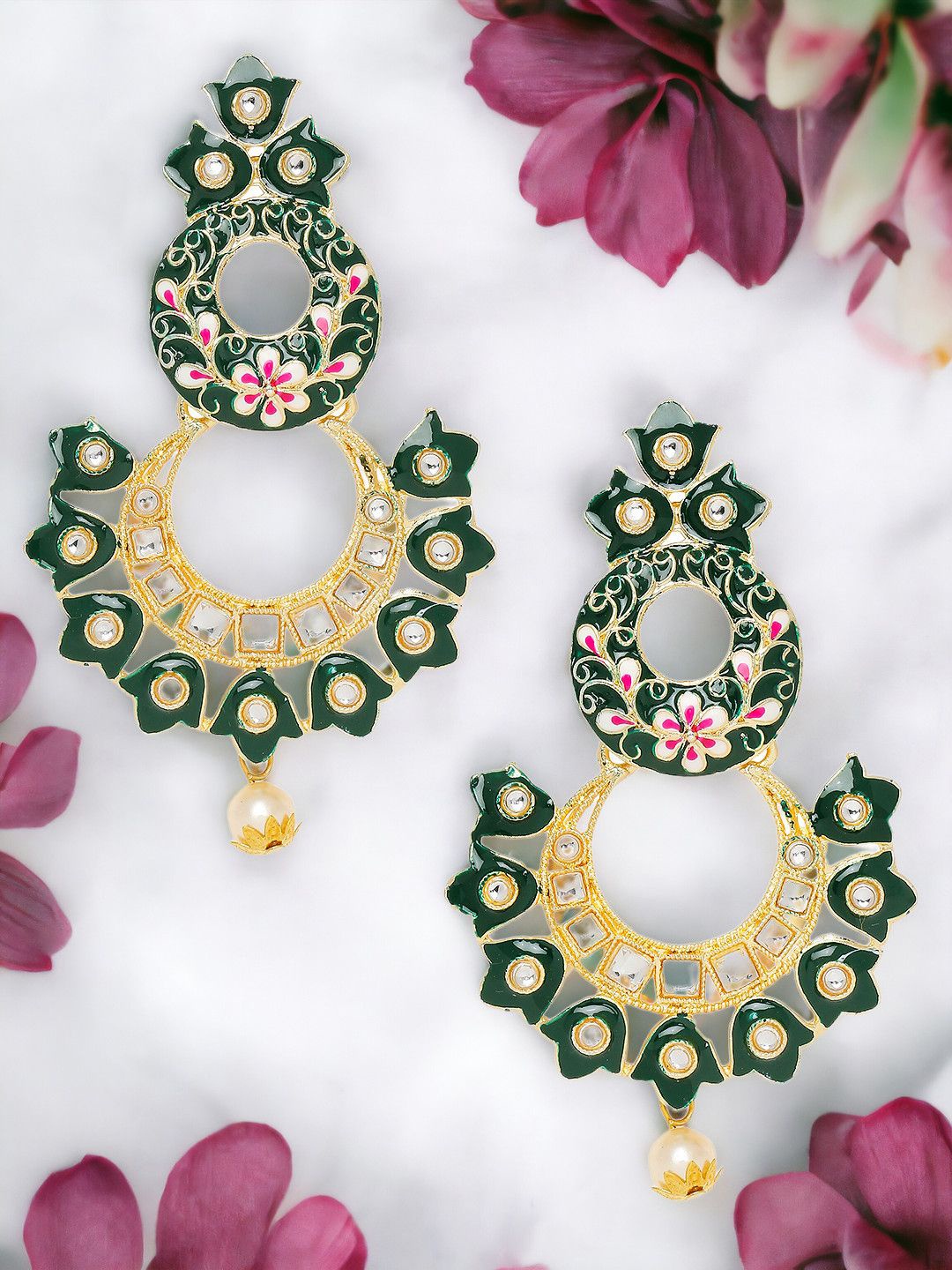 

Anouk Gold-Toned Kundan Studded Pearls Beaded Floral Meenakari Drop Earrings