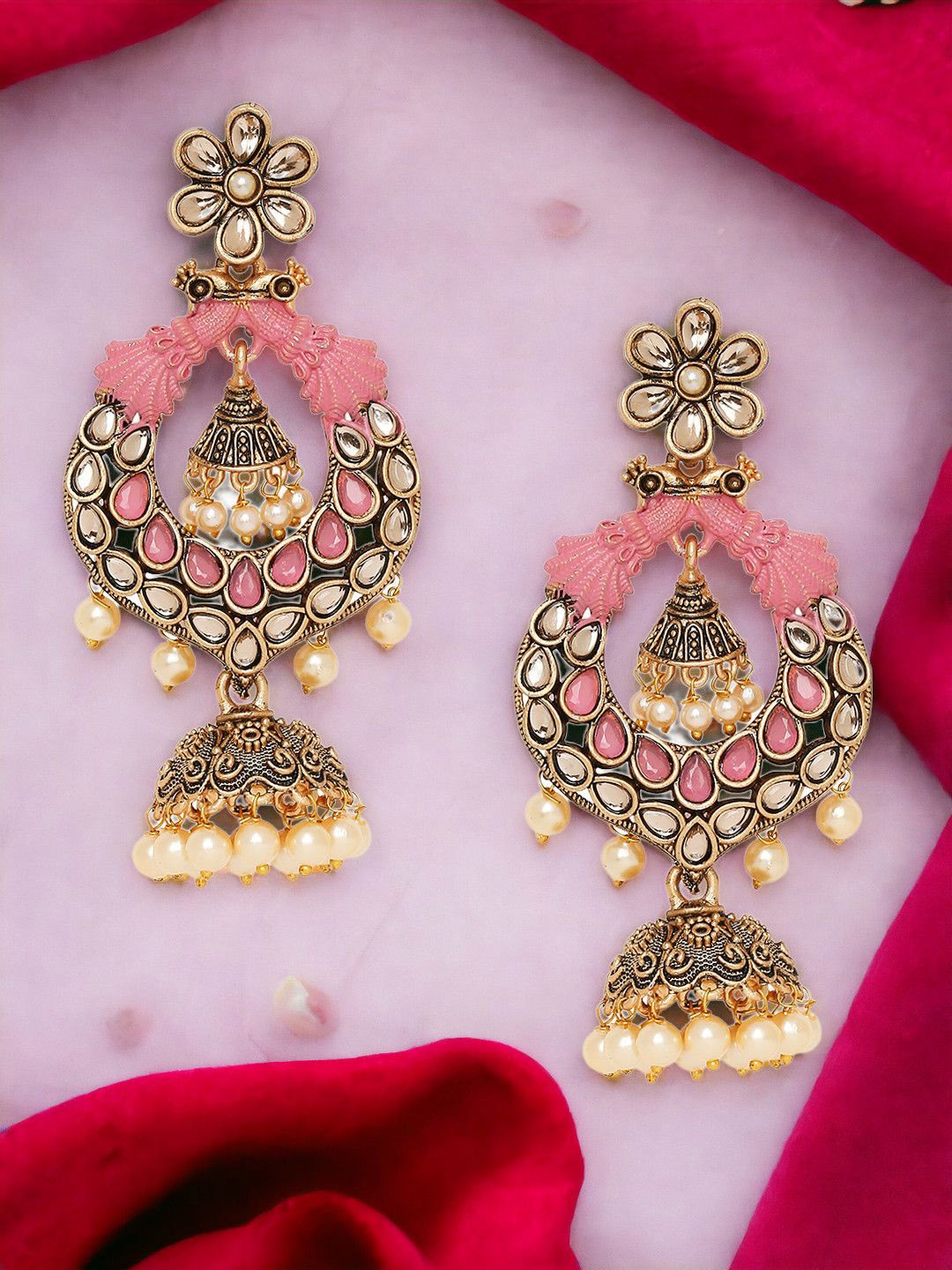 

Anouk Gold-Plated Peacock Shaped Meenakari Jhumkas Earrings