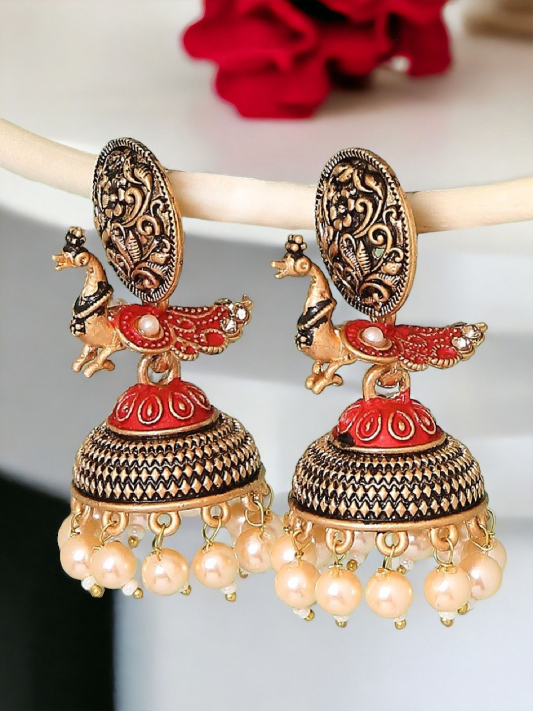 

Anouk Women Peacock Shaped Jhumkas Earrings, Red