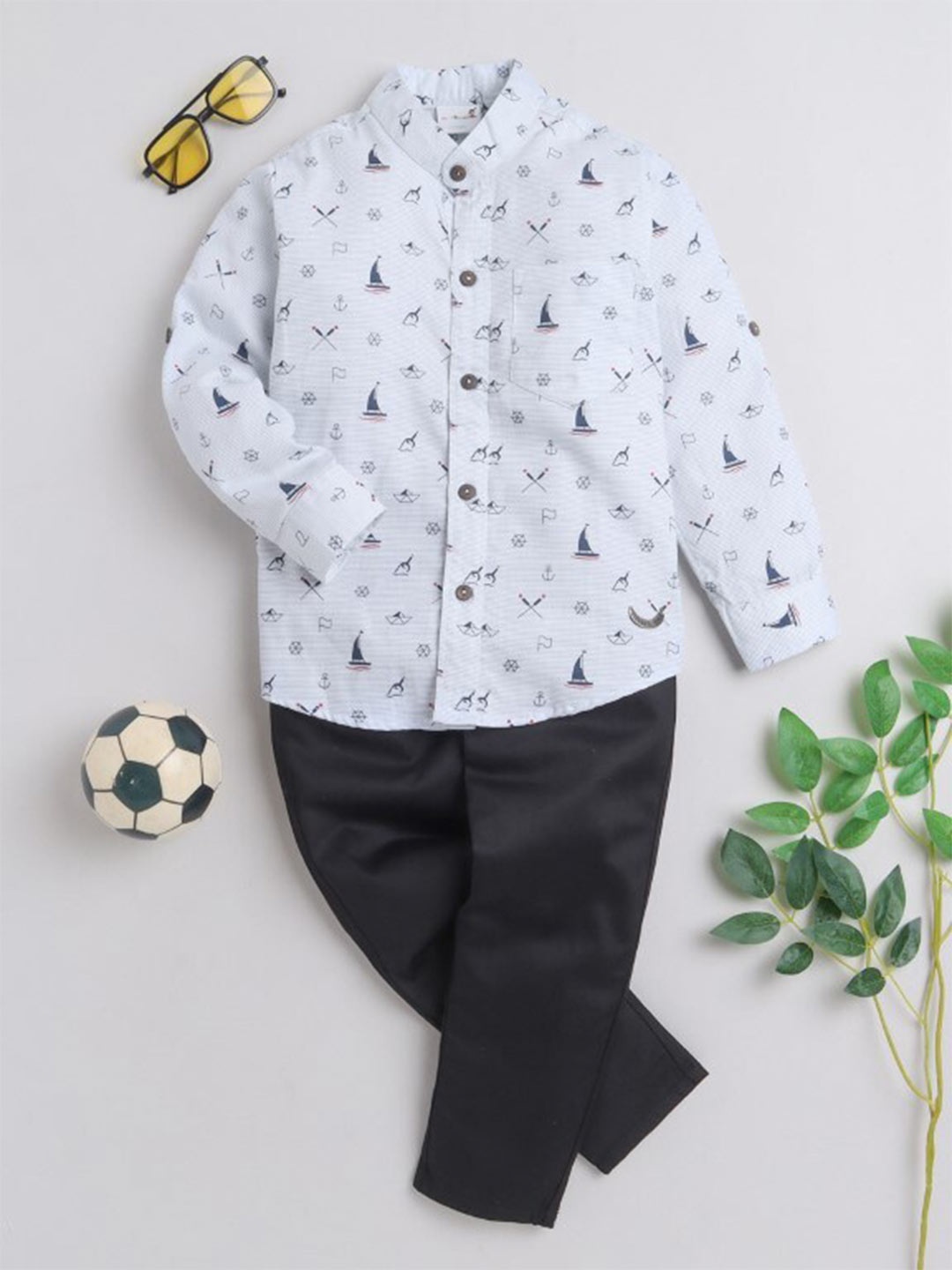 

BAATCHEET Boys Printed Mandarin Collar Pure Cotton Shirt With Trousers, Blue