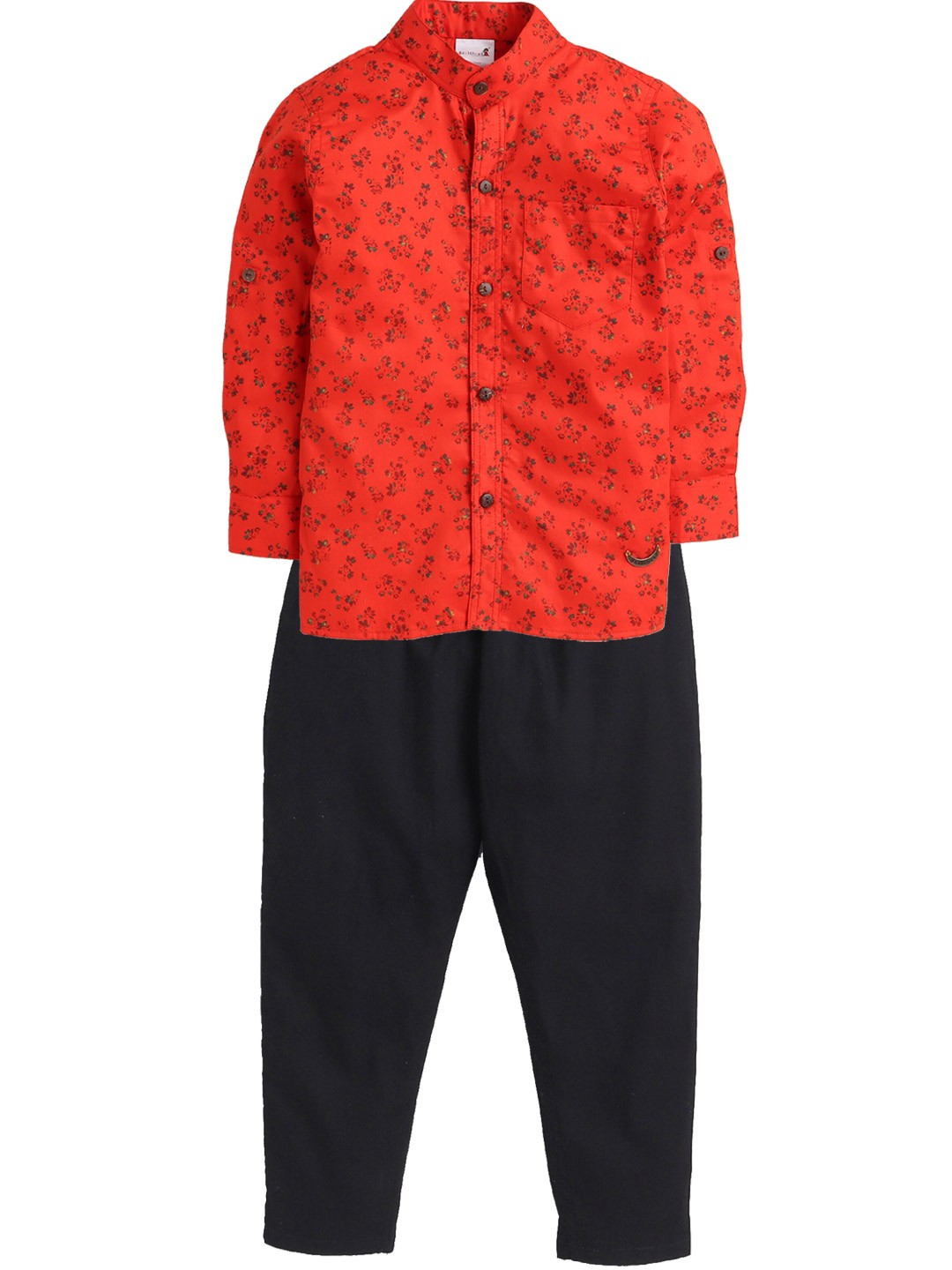 

BAATCHEET Boys Printed Mandarin Collar Pure Cotton Shirt With Short, Red