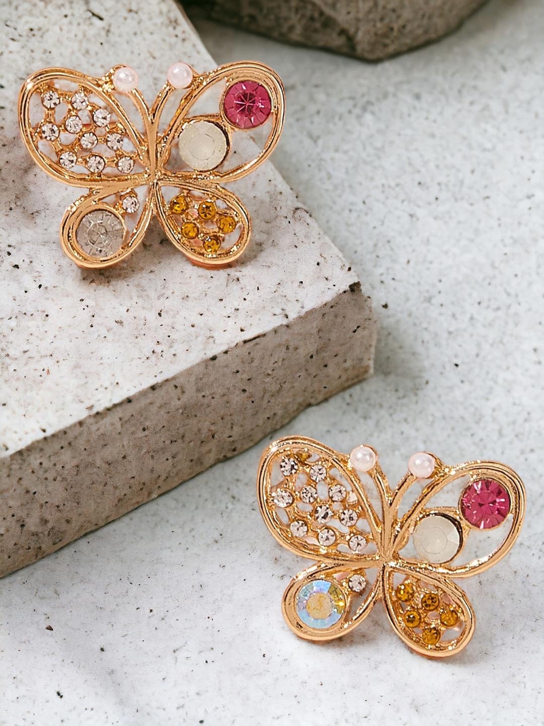 

DressBerry Gold-Toned Crystals Studded & Pearls Beaded Butterfly Shaped Studs Earrings