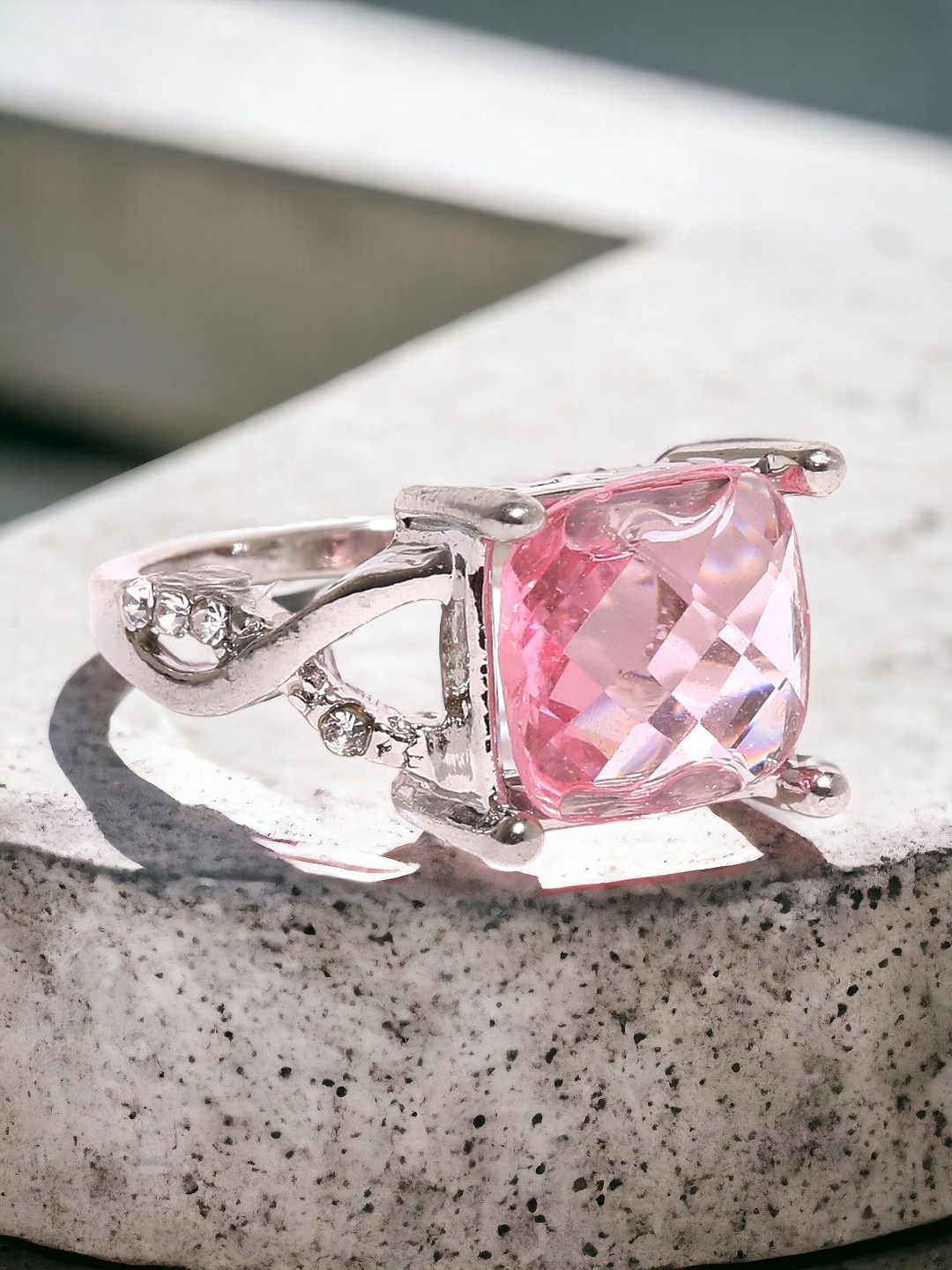 

DressBerry Silver-Plated Princess Cut Crystal Stone Finger Ring