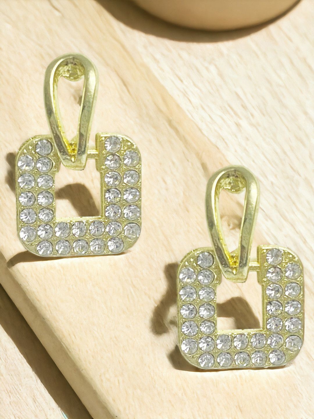 

DressBerry Gold-Toned Cubic Zirconia Studded Square Drop Earrings