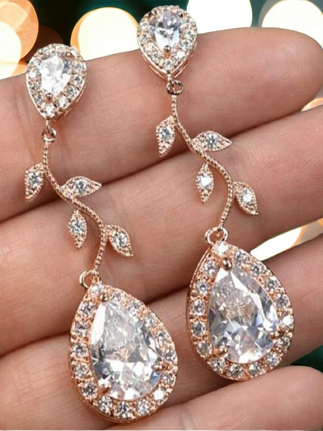 

DressBerry Rose Gold Toned Floral Cubic Zirconia Drop Earrings