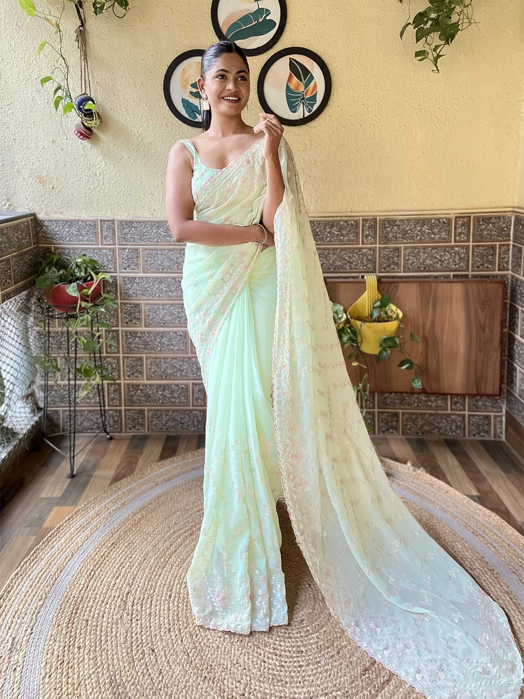 

Mitera Embellished Sequinned Saree, Green