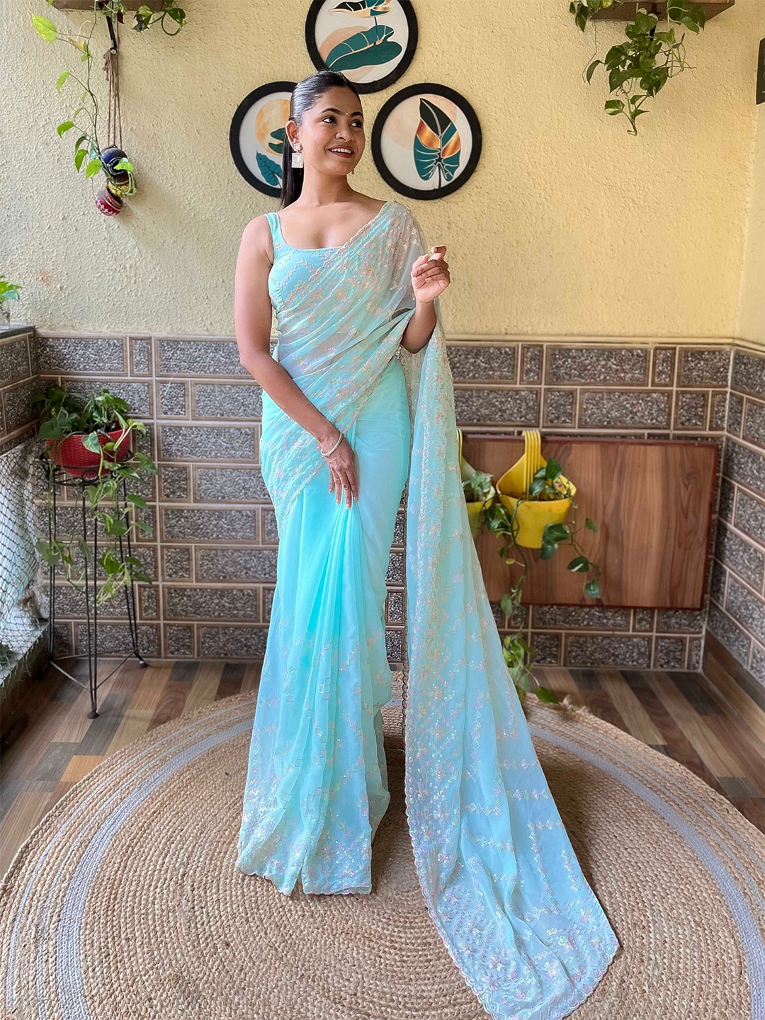 

Mitera Embellished Sequinned Saree, Blue