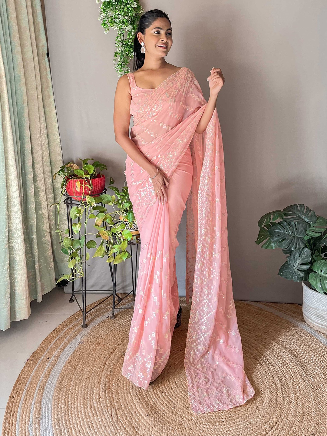 

Mitera Embellished Sequinned Saree, Peach