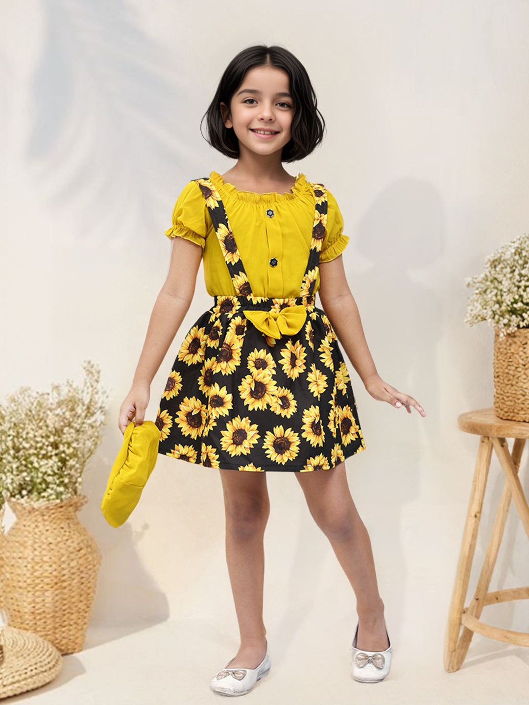 

Toonyport Floral Print Puff Sleeve Georgette Fit & Flare Dress, Yellow