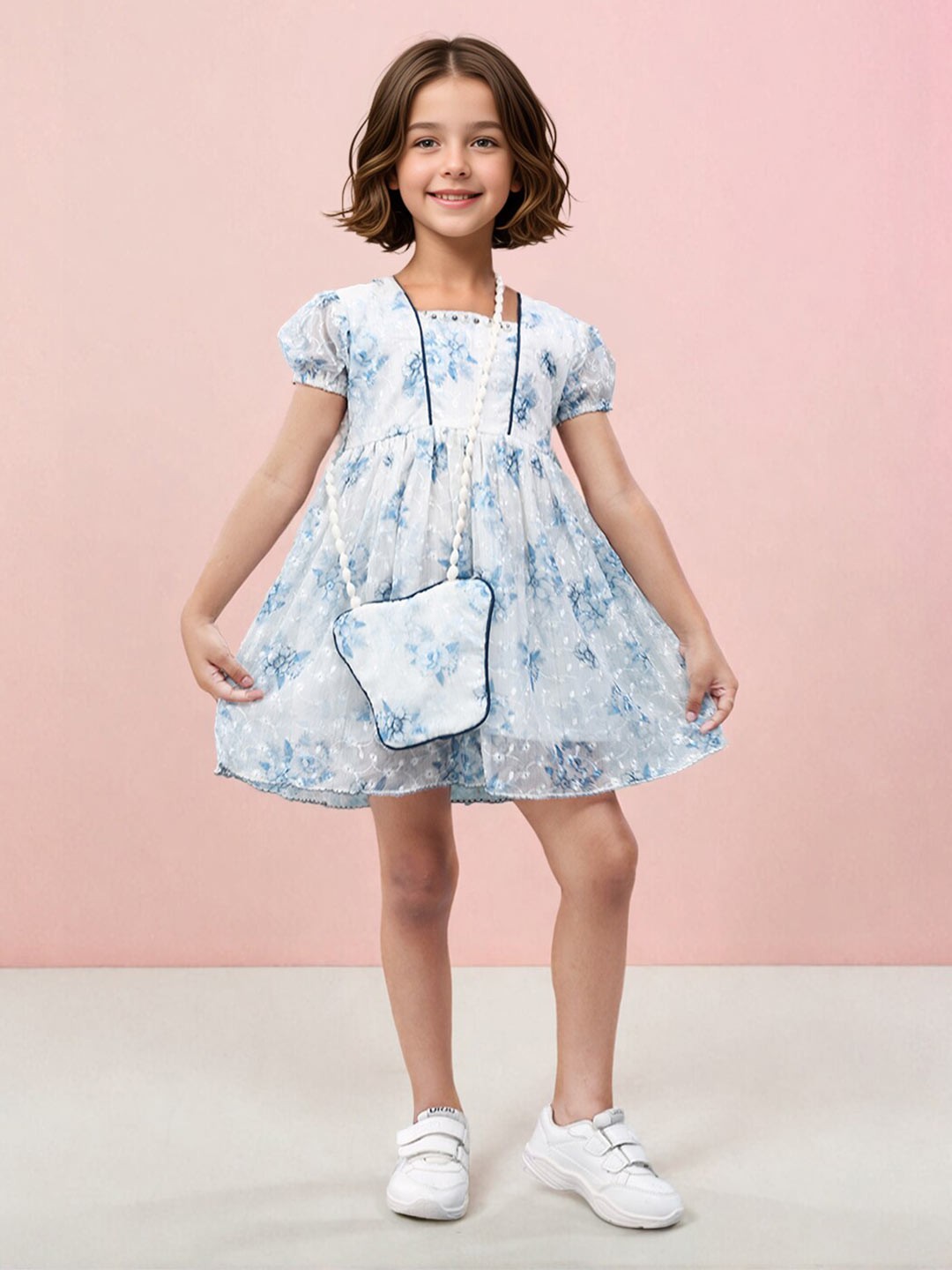 

Toonyport Girls Square Neck Floral Print Georgette Fit & Flare Dress, Blue