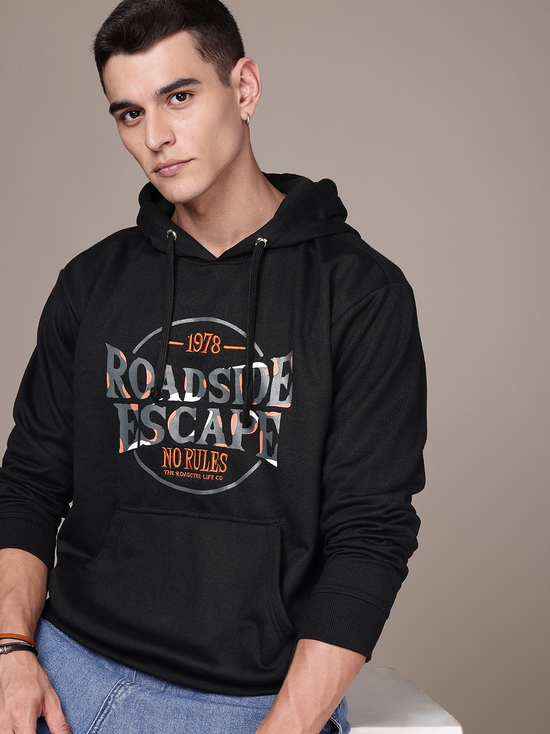 

The Roadster Life Co. Typography Printed Relaxed Fit Hooded Pullover Sweatshirt, Black