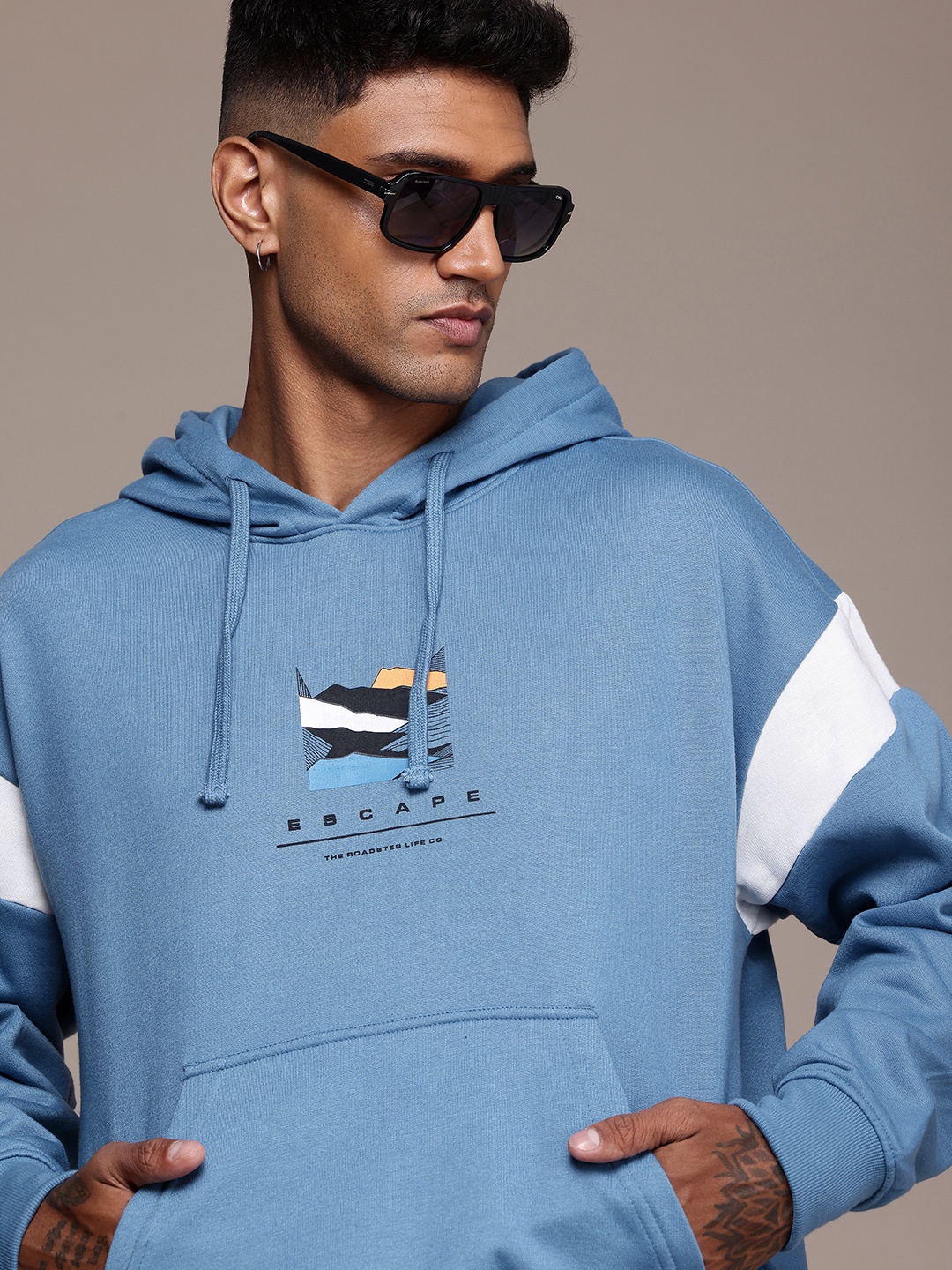 

The Roadster Life Co. Graphic Printed Oversized Hooded Sweatshirt, Blue