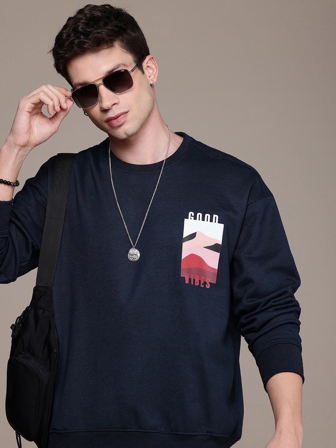 

The Roadster Life Co. Printed Relaxed Fit Pullover Sweatshirt, Navy blue