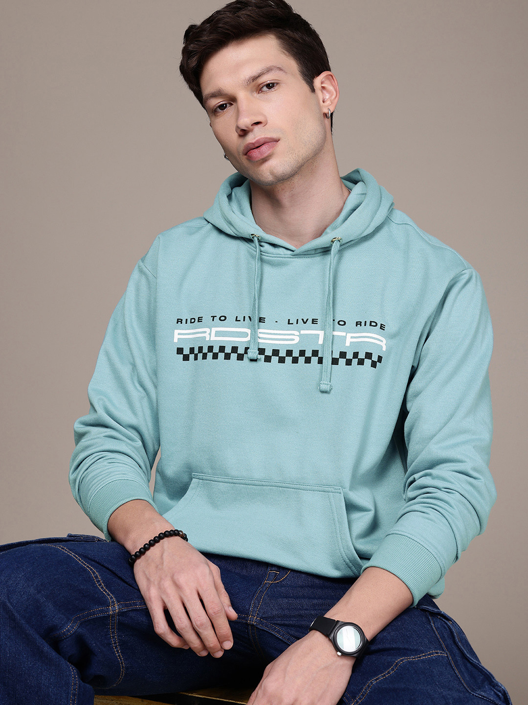 

The Roadster Life Co. Printed Relaxed Fit Hooded Sweatshirt, Blue