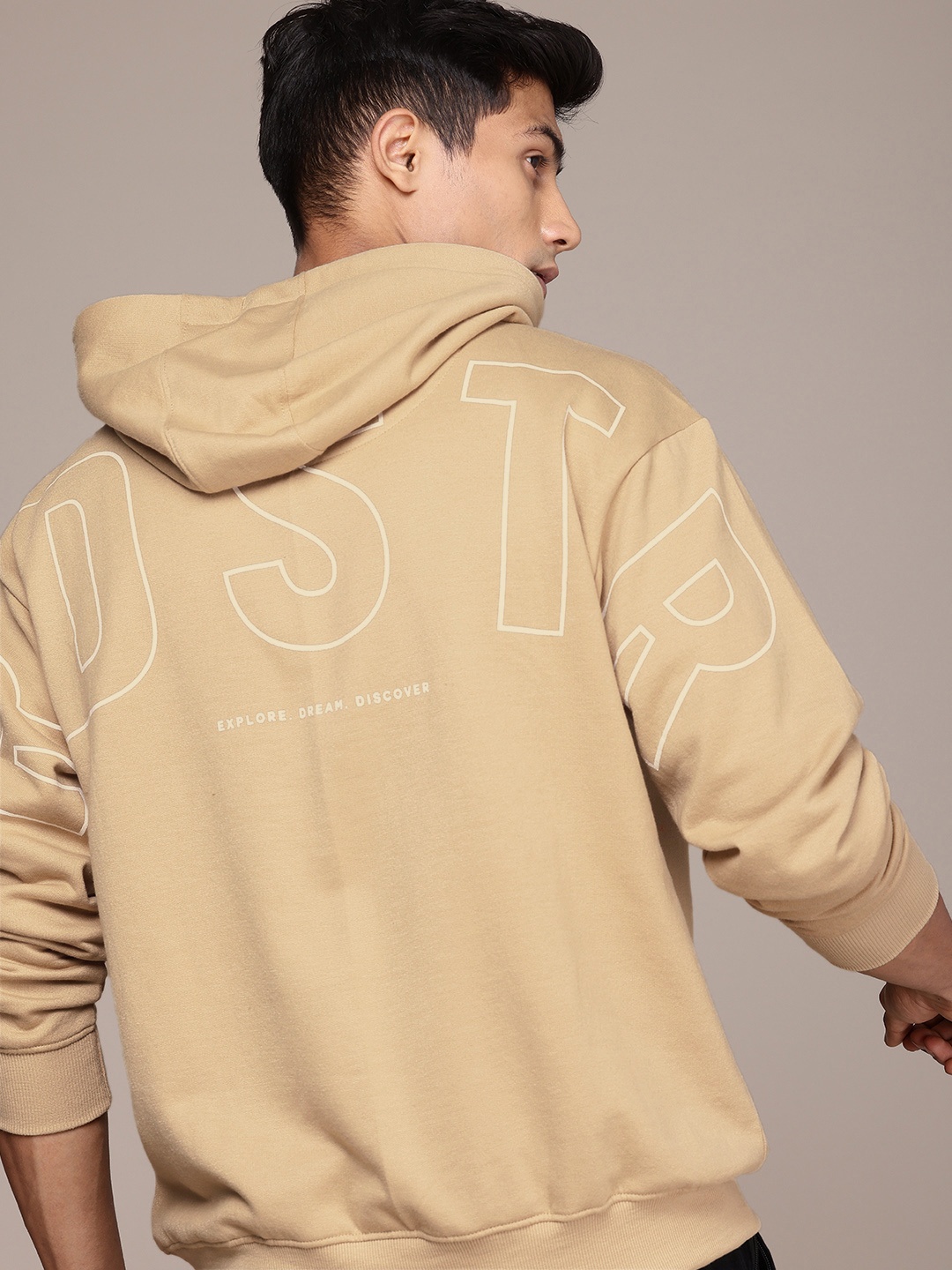 

The Roadster Life Co. Brand Logo Printed Hooded Relaxed Fit Sweatshirt, Beige