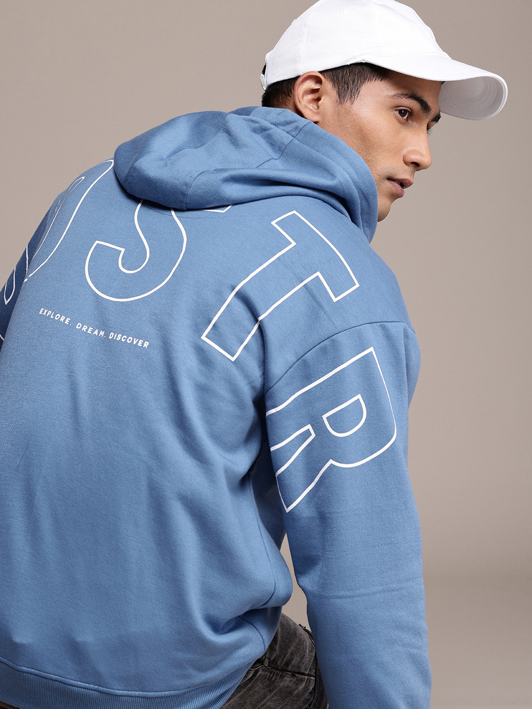 

The Roadster Life Co. Brand Logo Printed Relaxed Fit Hooded Pullover Sweatshirt, Blue
