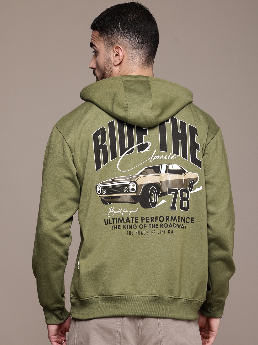 

The Roadster Life Co. Graphic Printed Hooded Relaxed Fit Sweatshirt, Olive