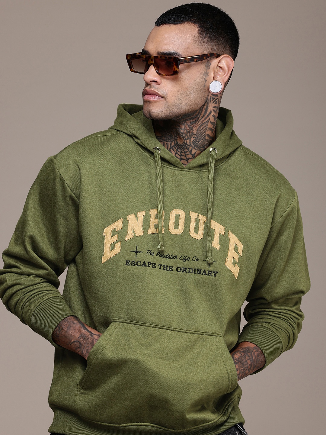 

The Roadster Life Co. Typography Embroidered Relaxed Fit Hooded Sweatshirt, Olive