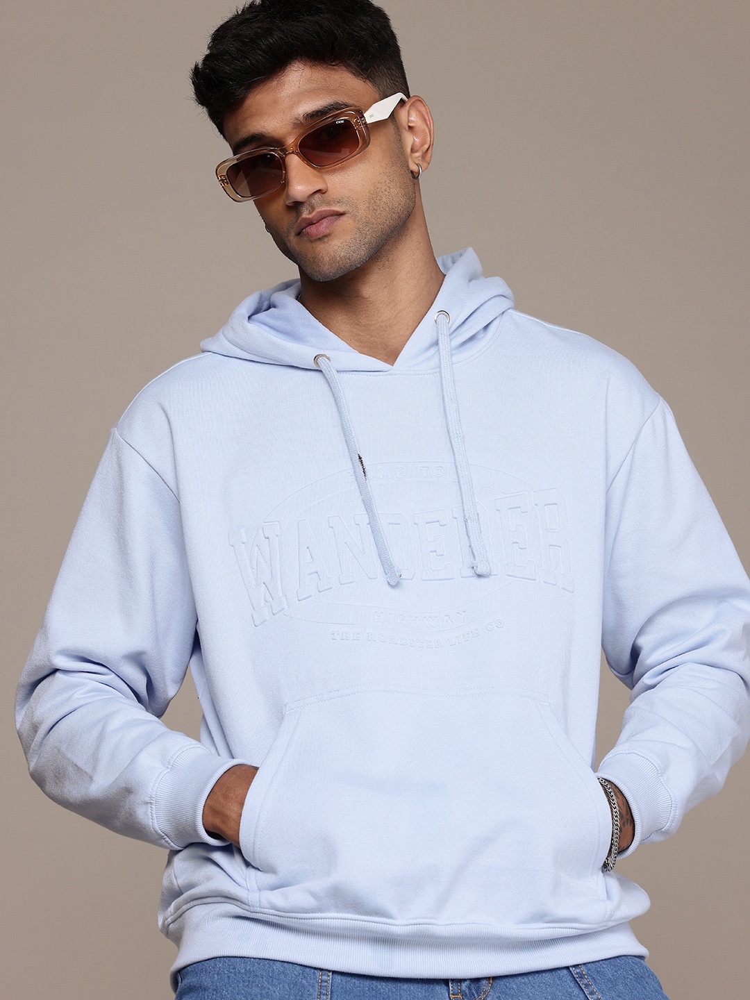 

The Roadster Life Co. Embossed Effect Typography Hooded Relaxed Fit Sweatshirt, Blue