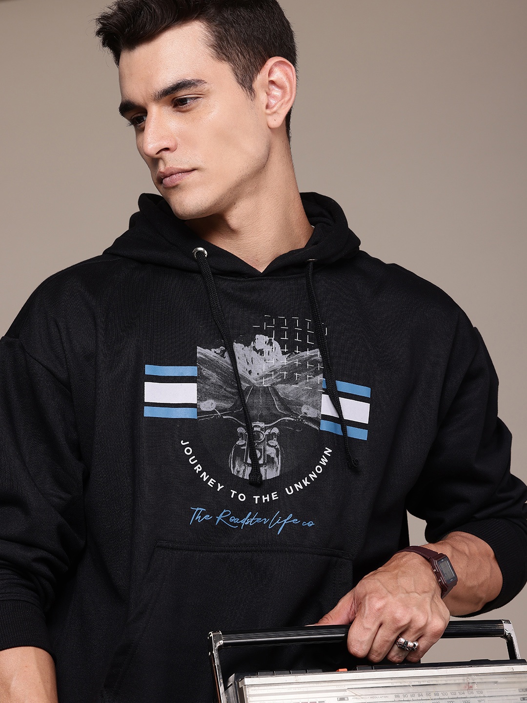 

The Roadster Life Co. Printed Hooded Oversized Sweatshirt, Black