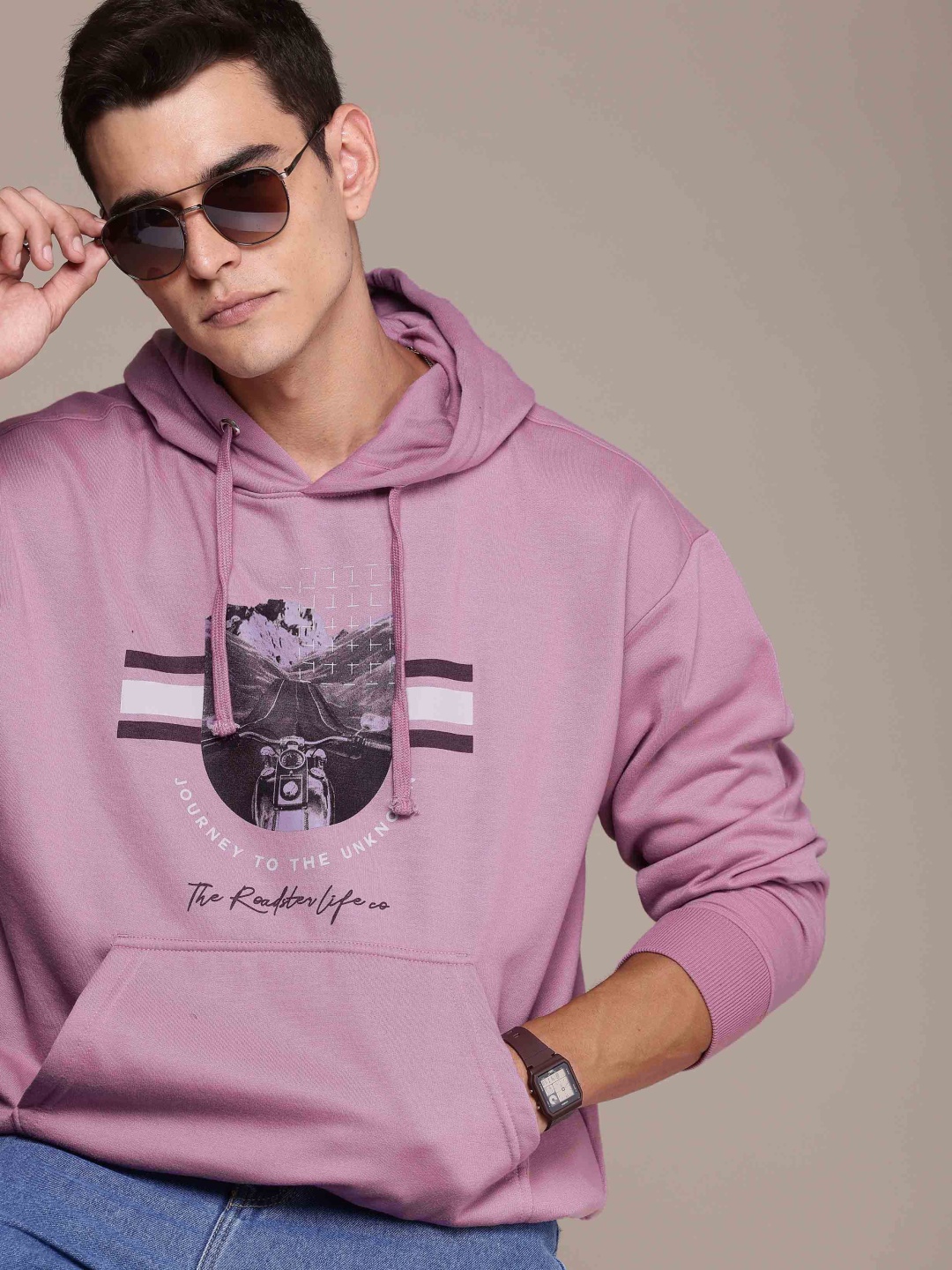 

The Roadster Life Co. Printed Hooded Oversized Sweatshirt, Purple