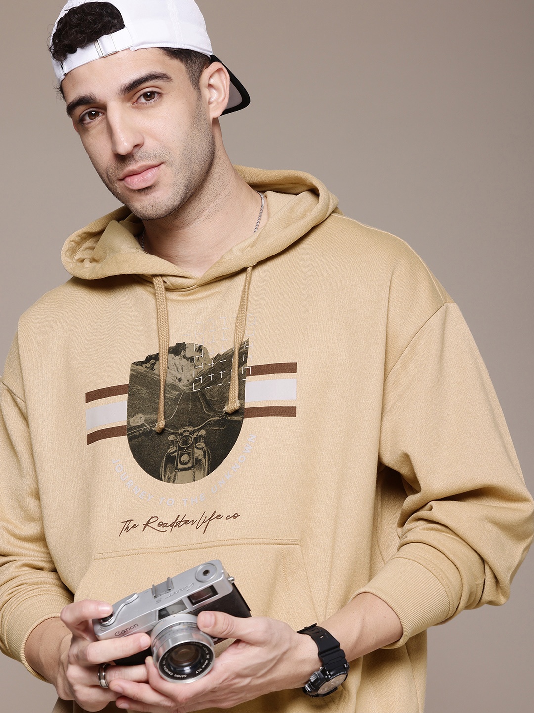 

The Roadster Life Co. Printed Hooded Oversized Sweatshirt, Beige