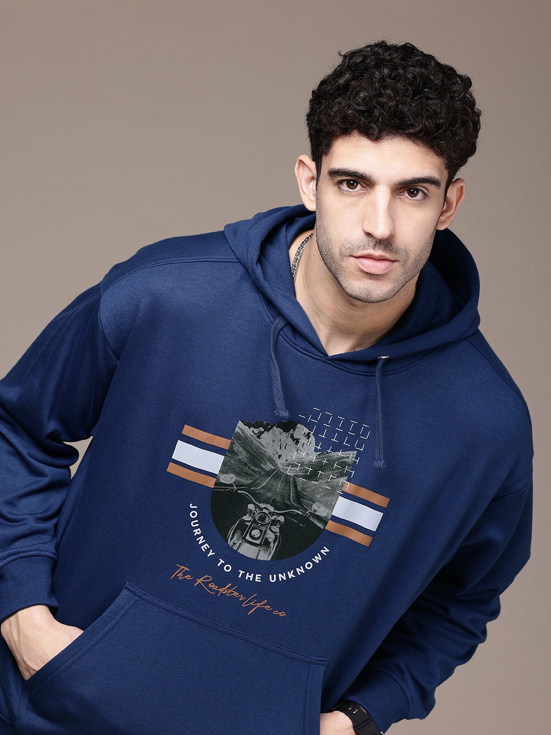 

The Roadster Life Co. Graphic Printed Hooded Oversized Sweatshirt, Blue