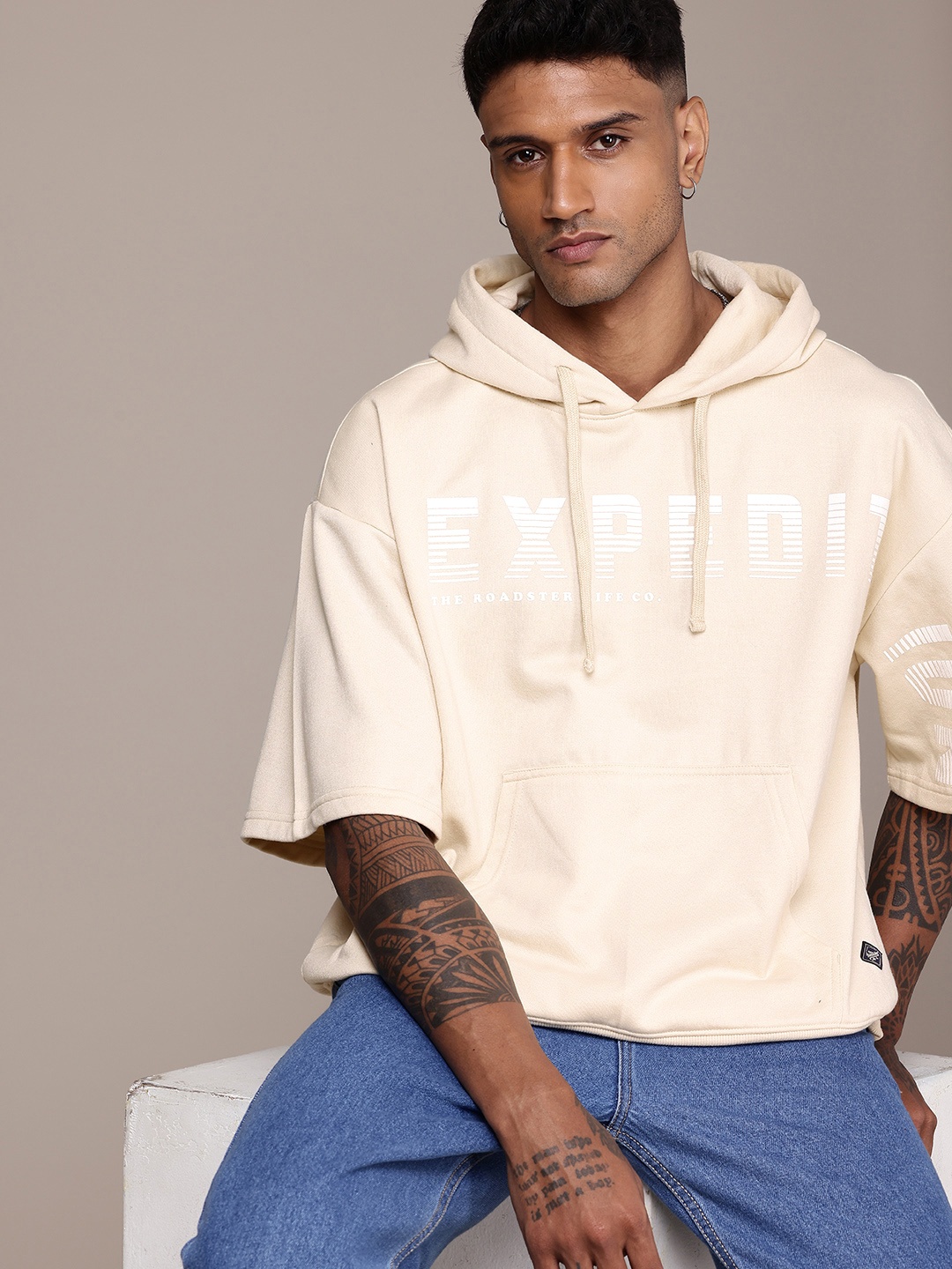 

The Roadster Life Co. Typography Printed Oversized Hooded Sweatshirt, Beige