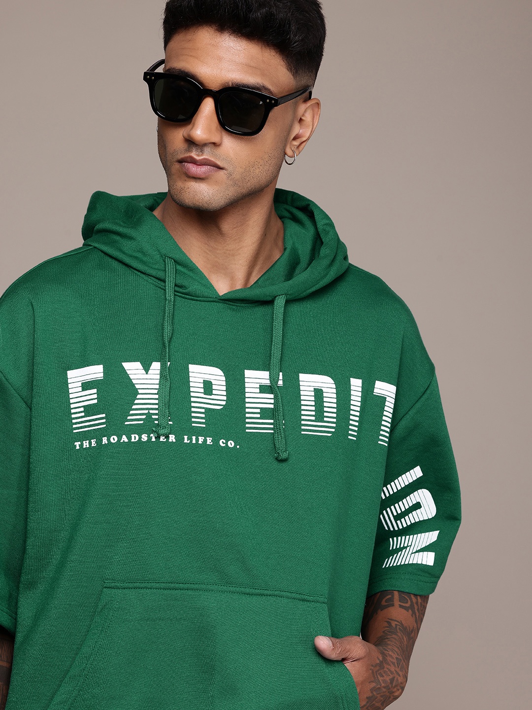 

The Roadster Life Co. Typography Printed Oversized Hooded Sweatshirt, Green